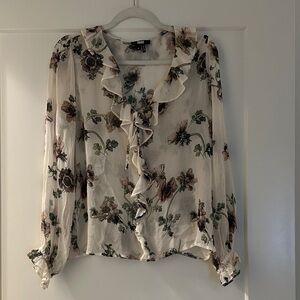 PAIGE Floral Ruffle Blouse - Cream and Brown